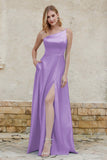 One Shoulder Satin Bridesmaid Dress with Pockets Formal Evening Prom Dresses Gowns