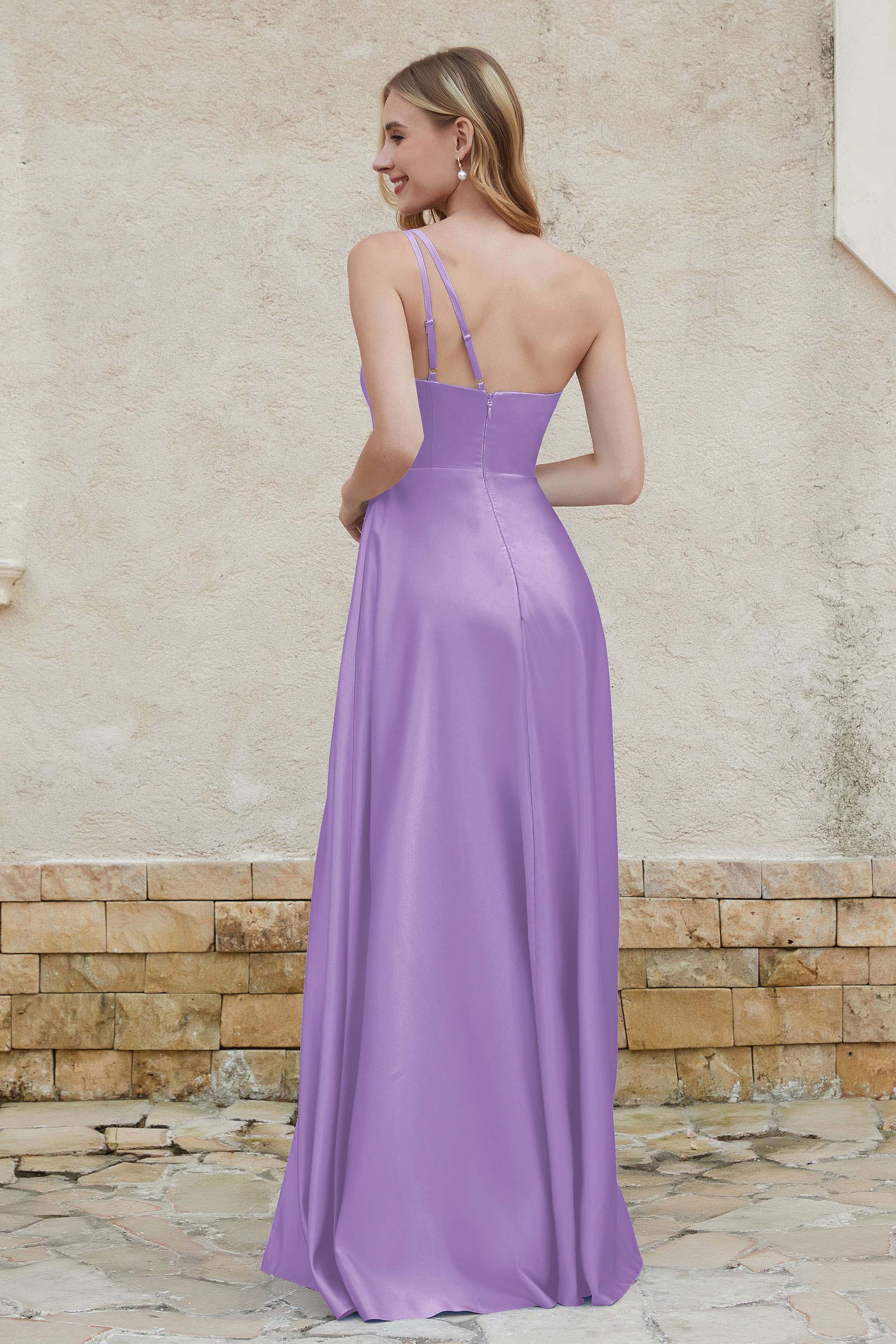 One Shoulder Satin Bridesmaid Dress with Pockets Formal Evening Prom Dresses Gowns