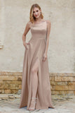 One Shoulder Satin Bridesmaid Dress with Pockets Formal Evening Prom Dresses Gowns