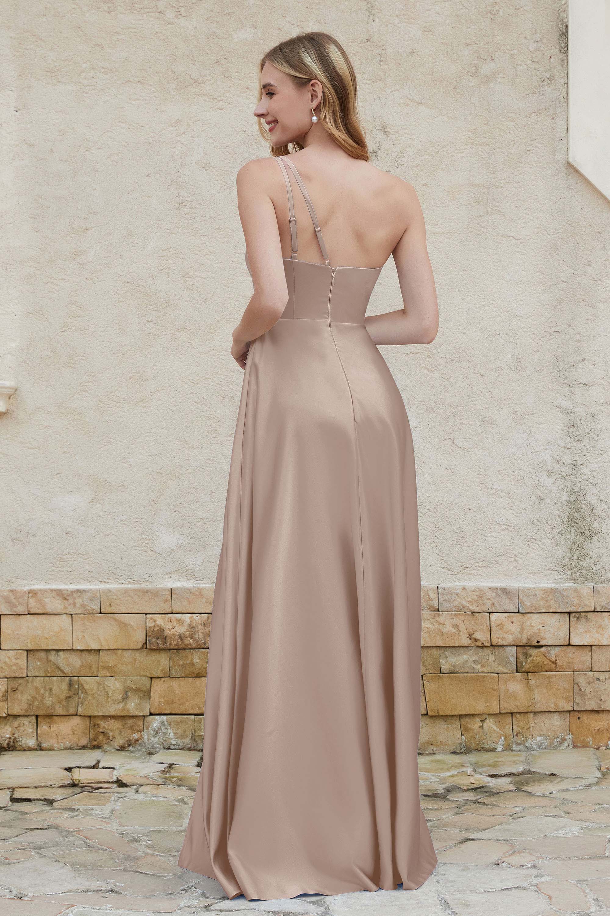One Shoulder Satin Bridesmaid Dress with Pockets Formal Evening Prom Dresses Gowns