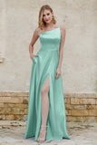 One Shoulder Satin Bridesmaid Dress with Pockets Formal Evening Prom Dresses Gowns