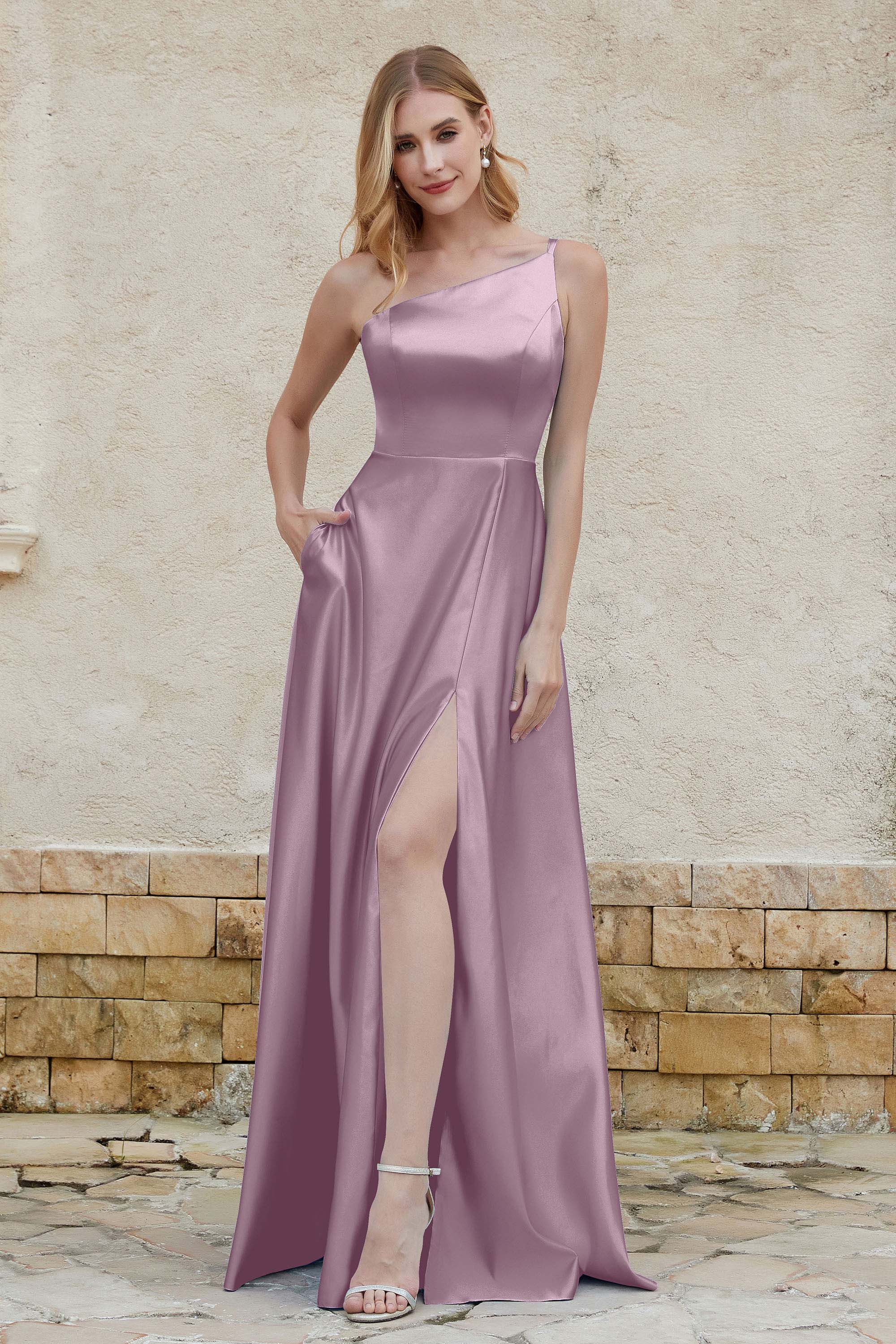 One Shoulder Satin Bridesmaid Dress with Pockets Formal Evening Prom Dresses Gowns
