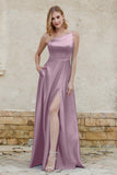 One Shoulder Satin Bridesmaid Dress with Pockets Formal Evening Prom Dresses Gowns