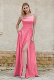 One Shoulder Satin Bridesmaid Dress with Pockets Formal Evening Prom Dresses Gowns