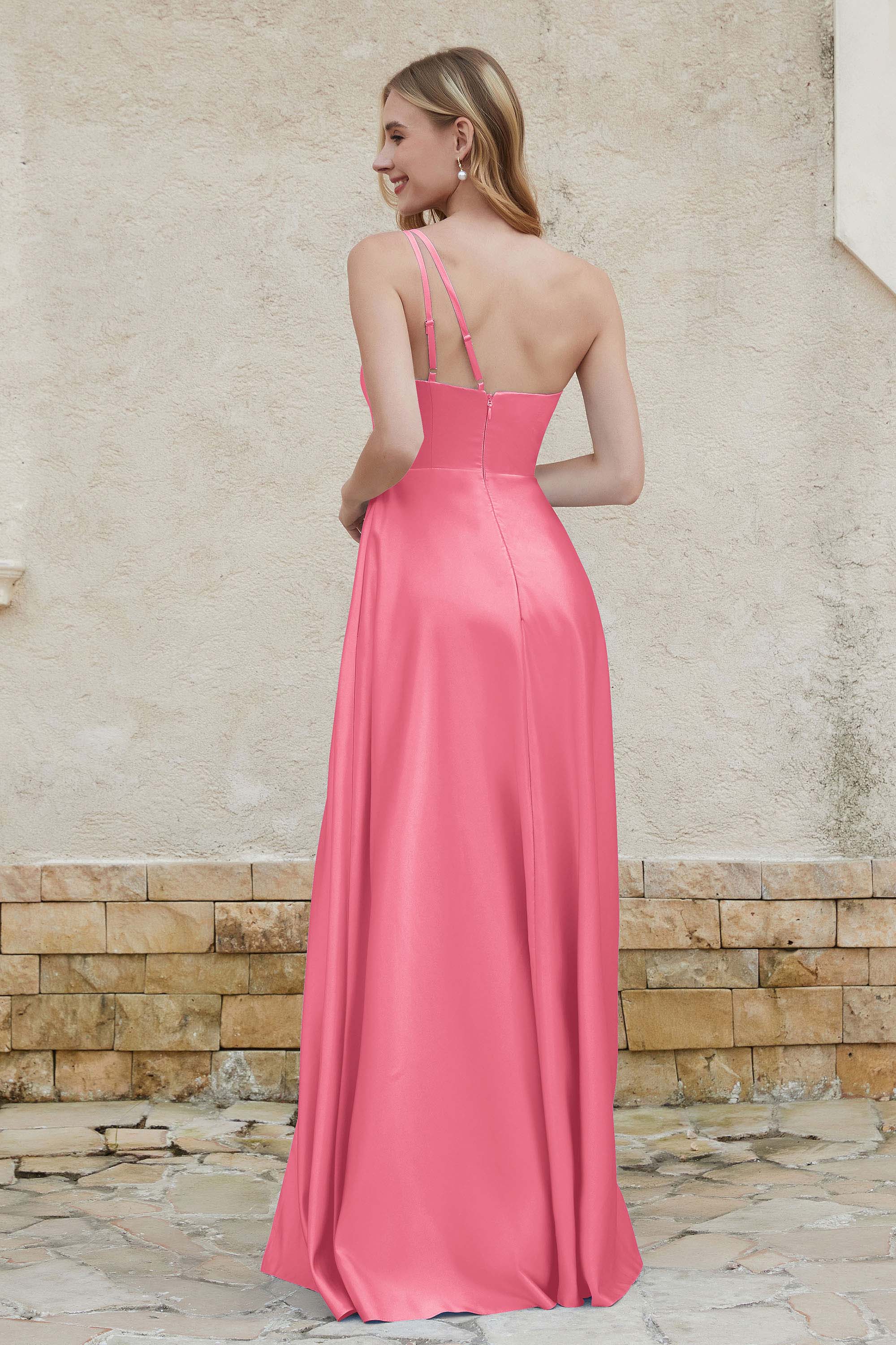 One Shoulder Satin Bridesmaid Dress with Pockets Formal Evening Prom Dresses Gowns