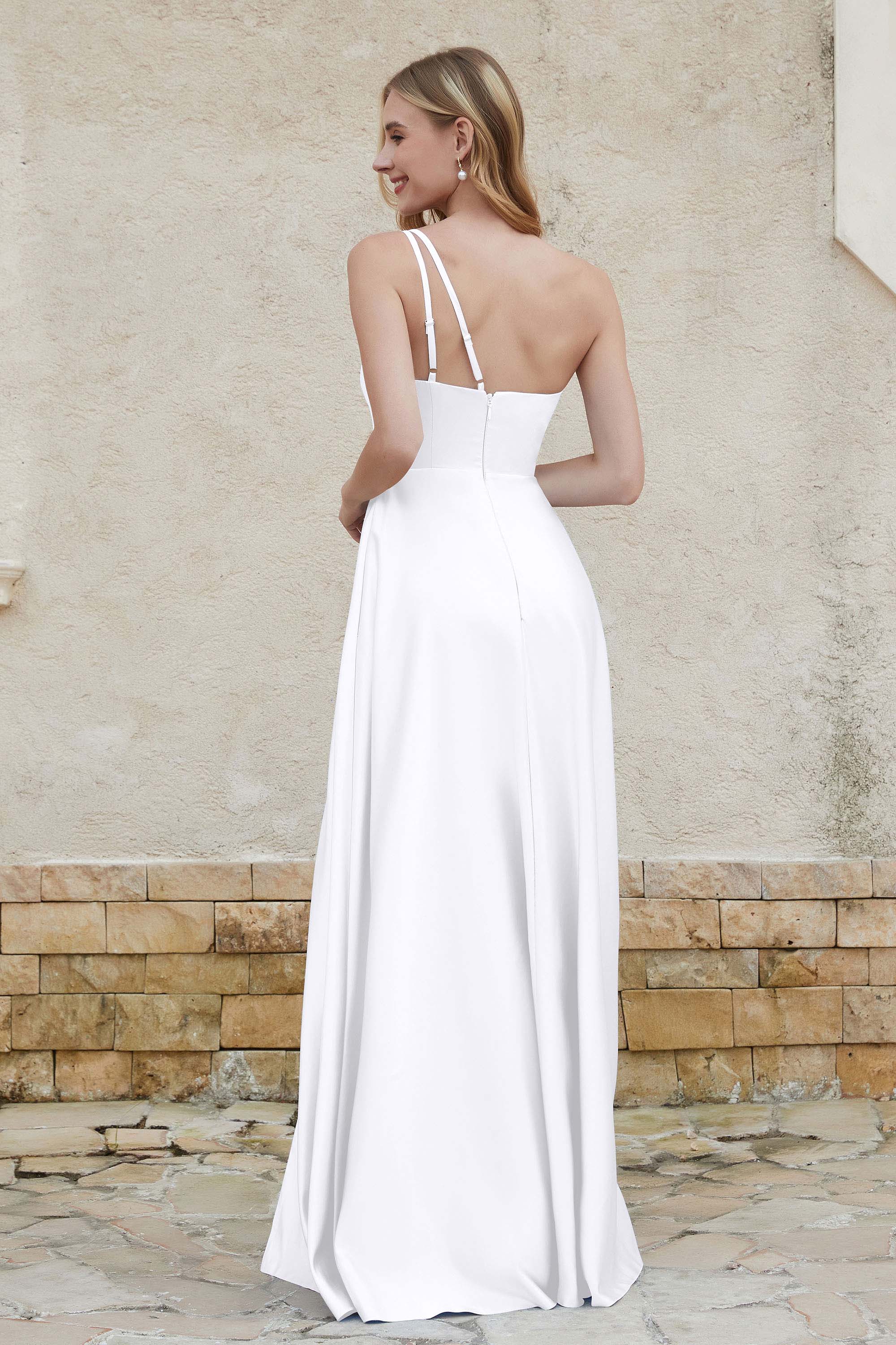 One Shoulder Satin Bridesmaid Dress with Pockets Formal Evening Prom Dresses Gowns