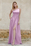 One Shoulder Satin Bridesmaid Dress with Pockets Formal Evening Prom Dresses Gowns