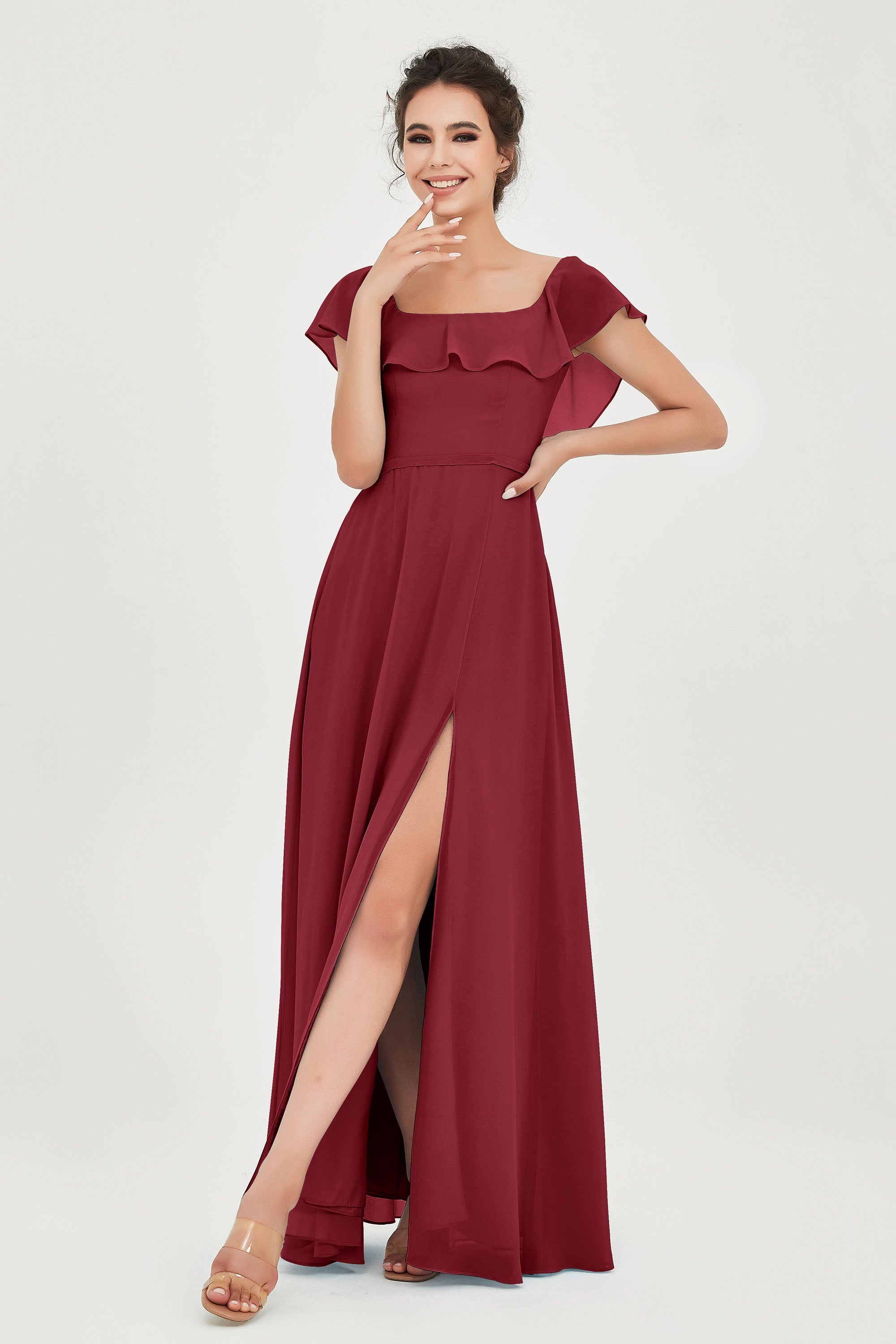 Classic Chiffon A Line Bridesmaid Dress Flutter Sleeves Formal Evening Prom Dresses Gowns