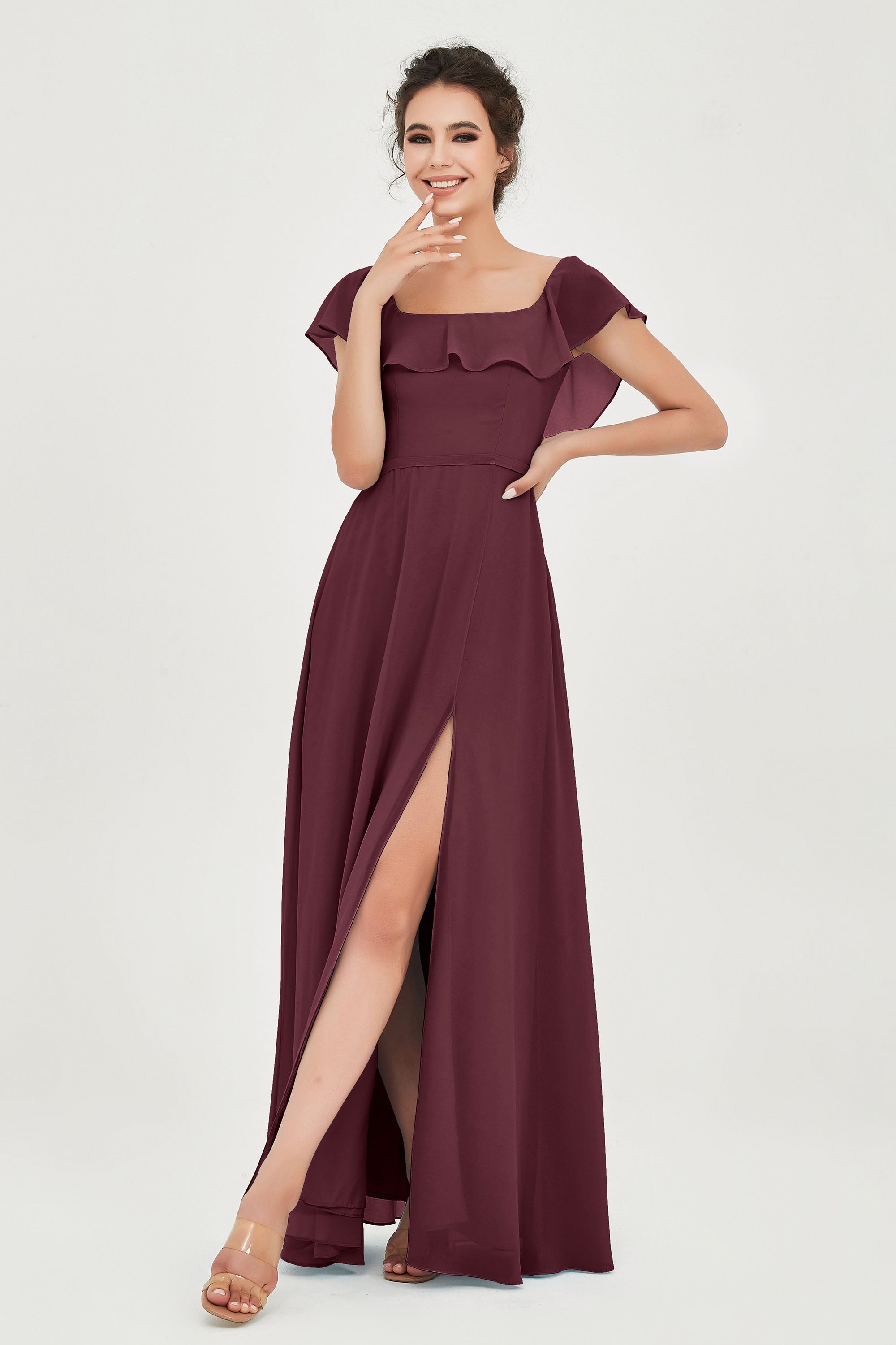 Classic Chiffon A Line Bridesmaid Dress Flutter Sleeves Formal Evening Prom Dresses Gowns