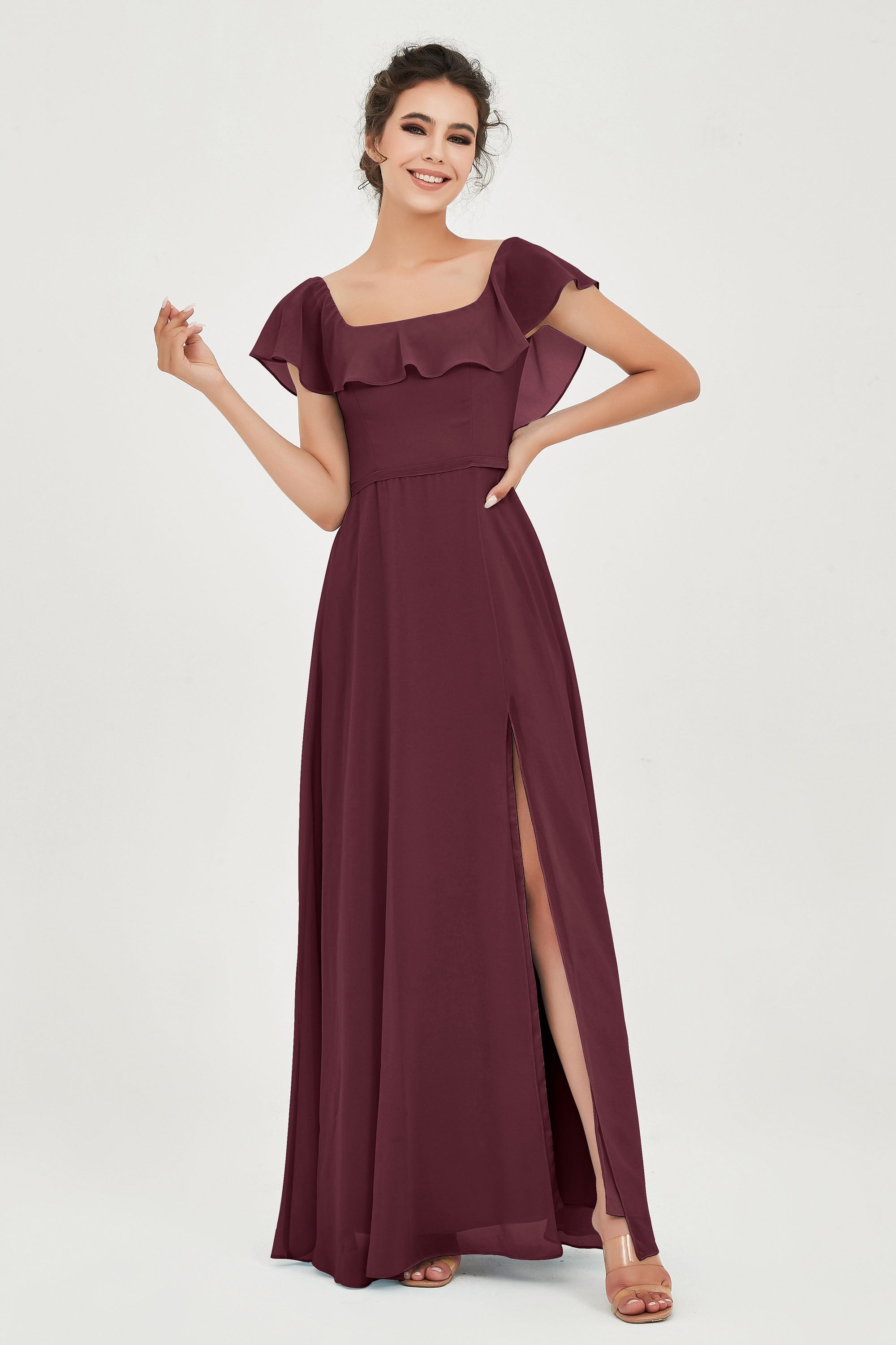 Classic Chiffon A Line Bridesmaid Dress Flutter Sleeves Formal Evening Prom Dresses Gowns