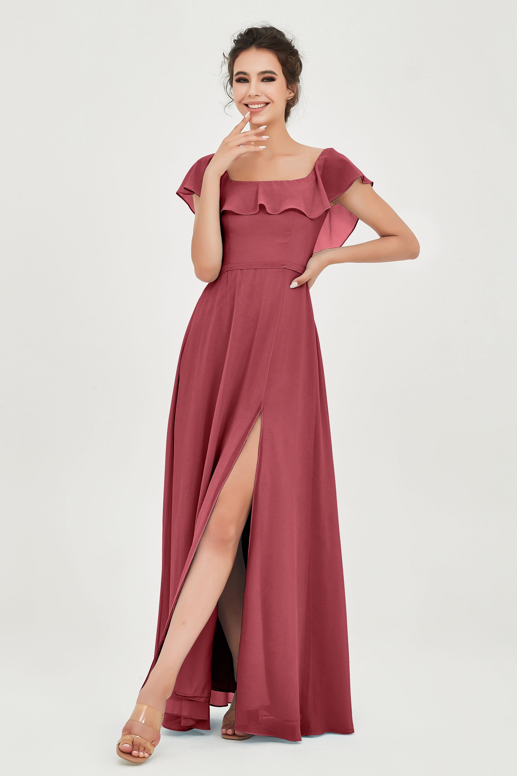Classic Chiffon A Line Bridesmaid Dress Flutter Sleeves Formal Evening Prom Dresses Gowns