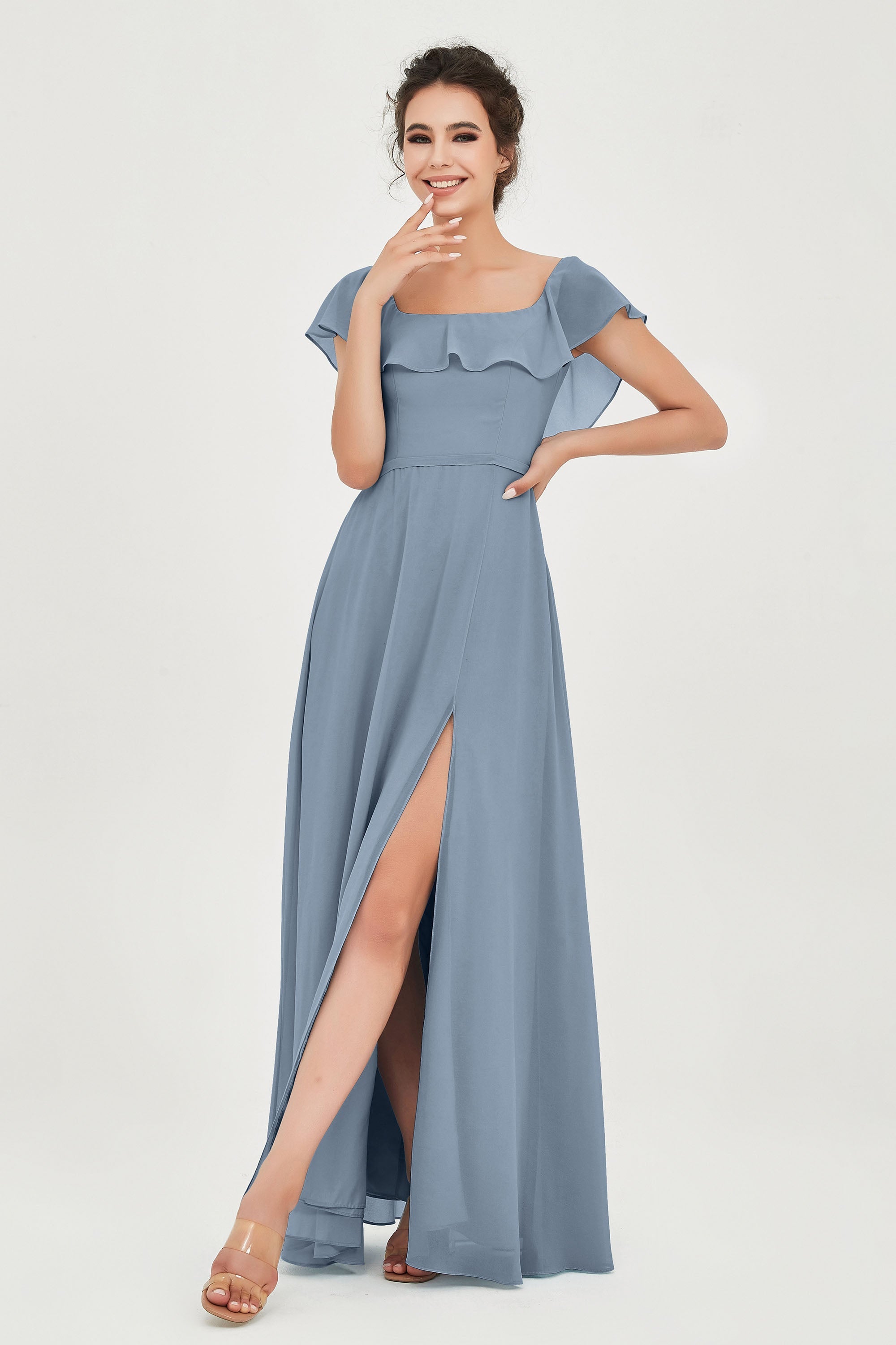 Classic Chiffon A Line Bridesmaid Dress Flutter Sleeves Formal Evening Prom Dresses Gowns