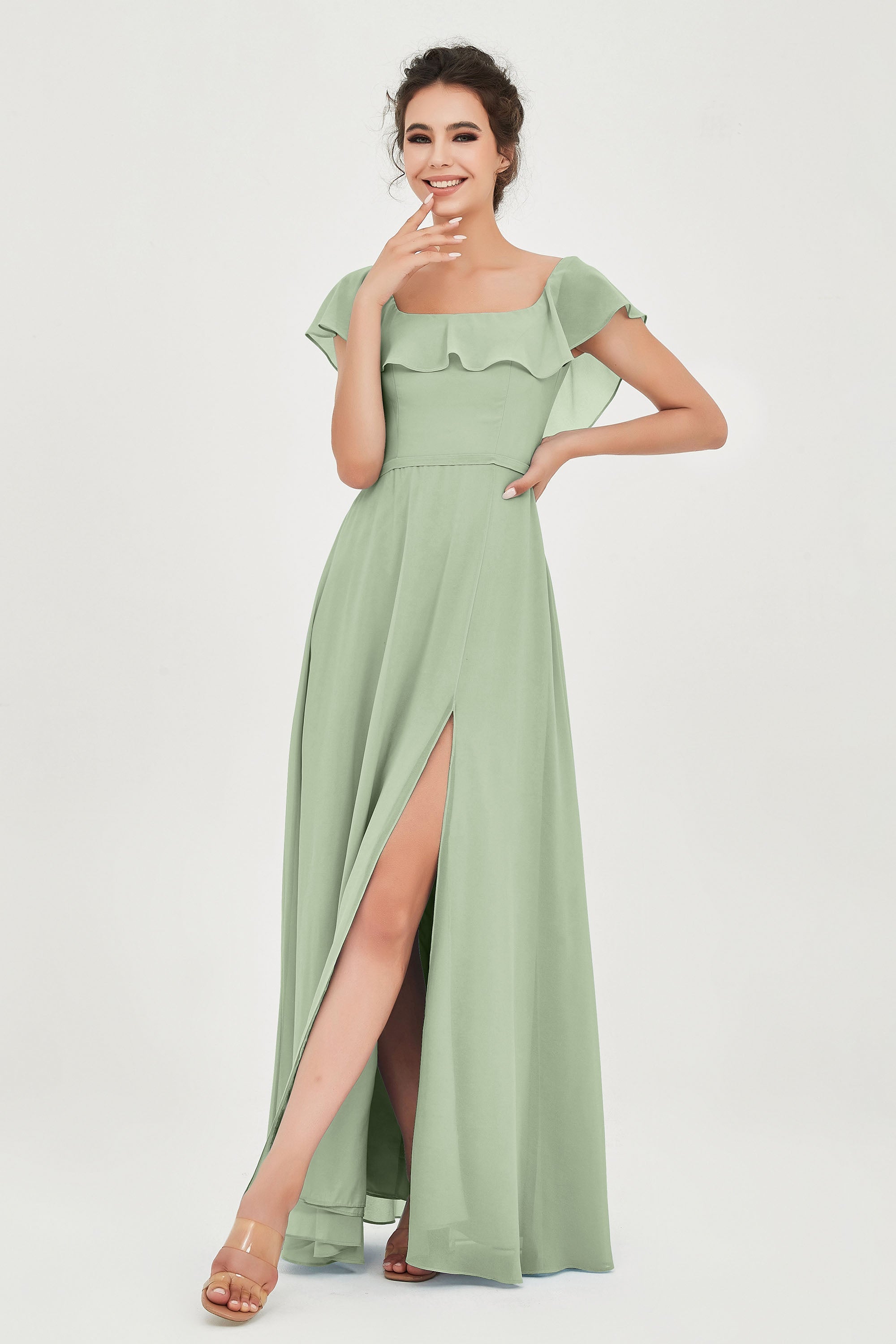 Classic Chiffon A Line Bridesmaid Dress Flutter Sleeves Formal Evening Prom Dresses Gowns