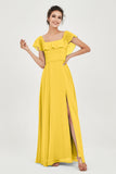 Classic Chiffon A Line Bridesmaid Dress Flutter Sleeves Formal Evening Prom Dresses Gowns