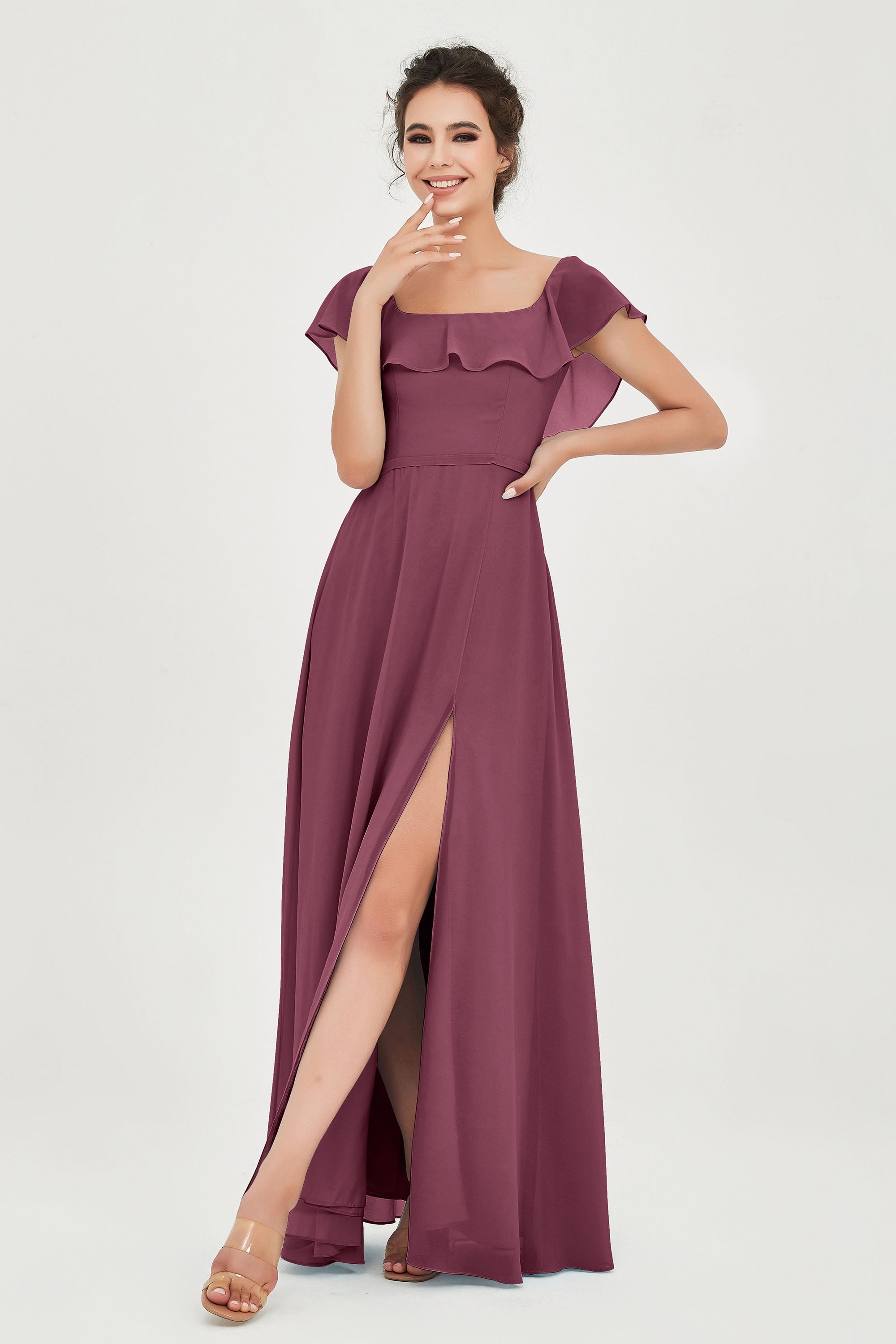 Classic Chiffon A Line Bridesmaid Dress Flutter Sleeves Formal Evening Prom Dresses Gowns