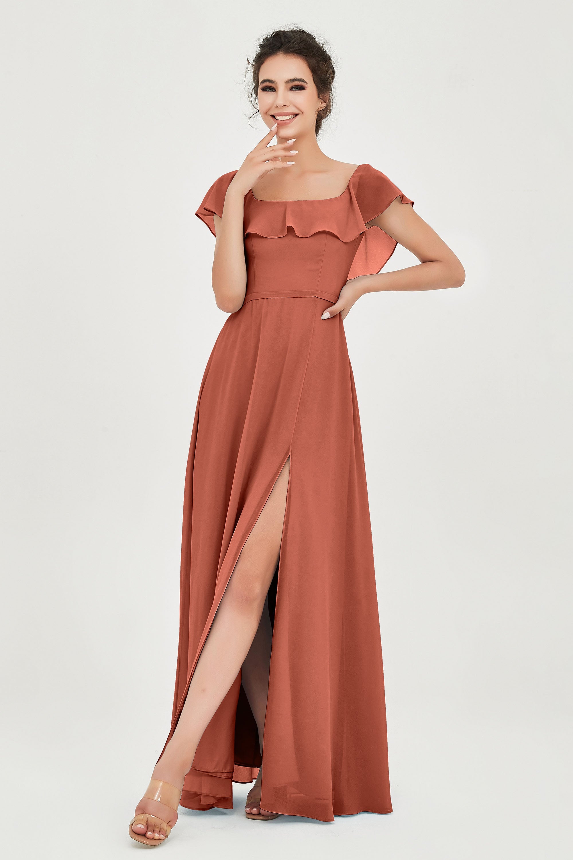 Classic Chiffon A Line Bridesmaid Dress Flutter Sleeves Formal Evening Prom Dresses Gowns