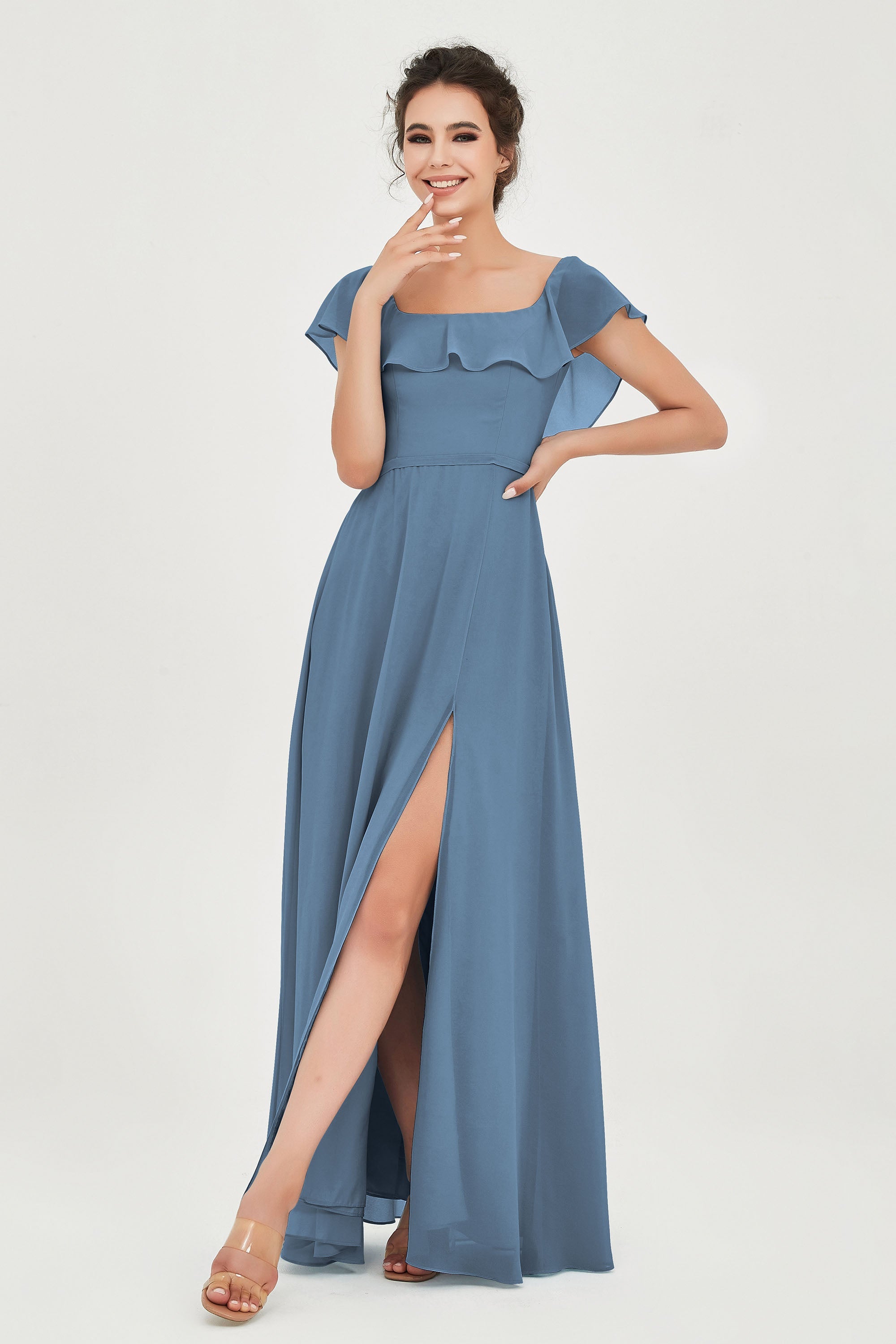 Classic Chiffon A Line Bridesmaid Dress Flutter Sleeves Formal Evening Prom Dresses Gowns