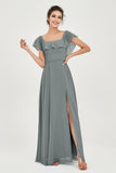 Classic Chiffon A Line Bridesmaid Dress Flutter Sleeves Formal Evening Prom Dresses Gowns