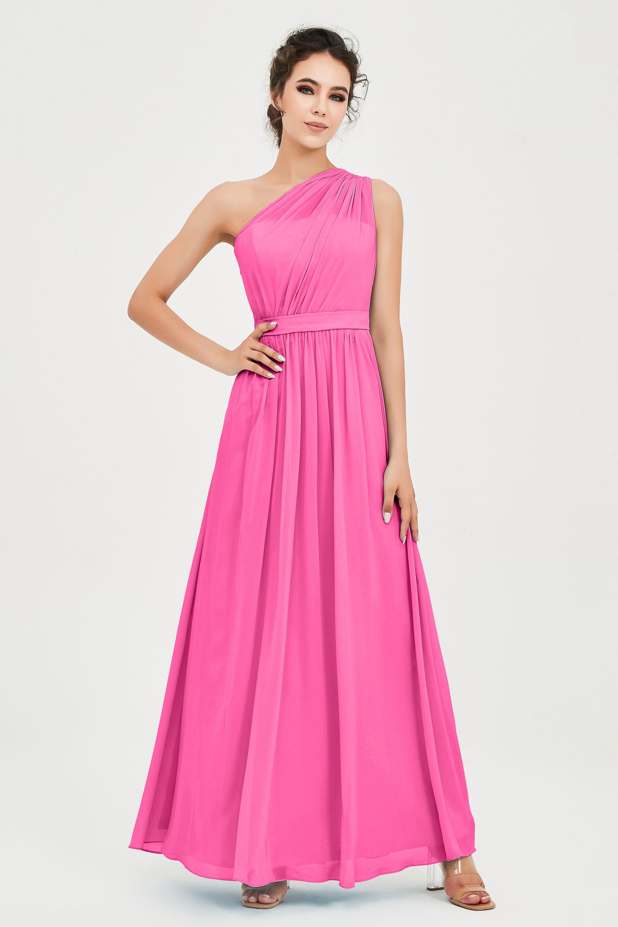 One Shoulder Chiffon Bridesmaid Dress Floor Length Ruched A Line Formal Evening Prom Gowns