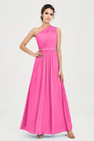 One Shoulder Chiffon Bridesmaid Dress Floor Length Ruched A Line Formal Evening Prom Gowns