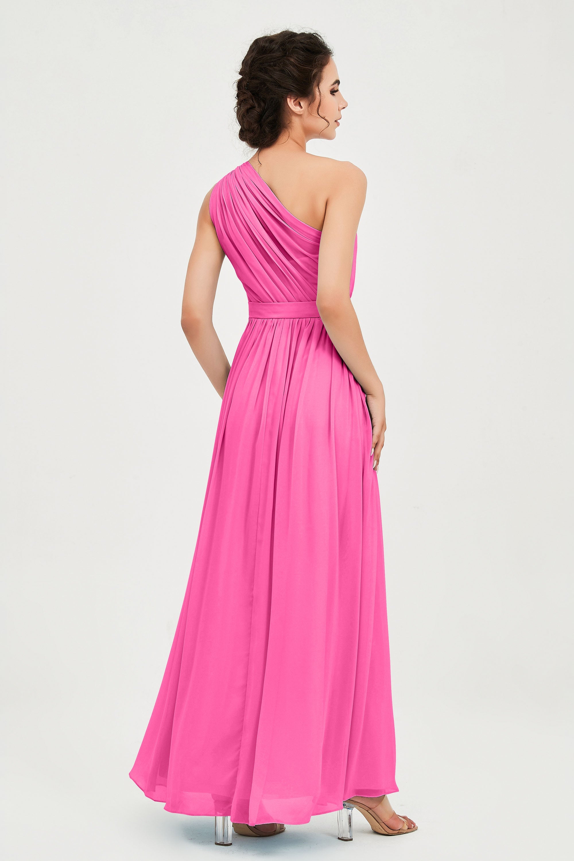 One Shoulder Chiffon Bridesmaid Dress Floor Length Ruched A Line Formal Evening Prom Gowns