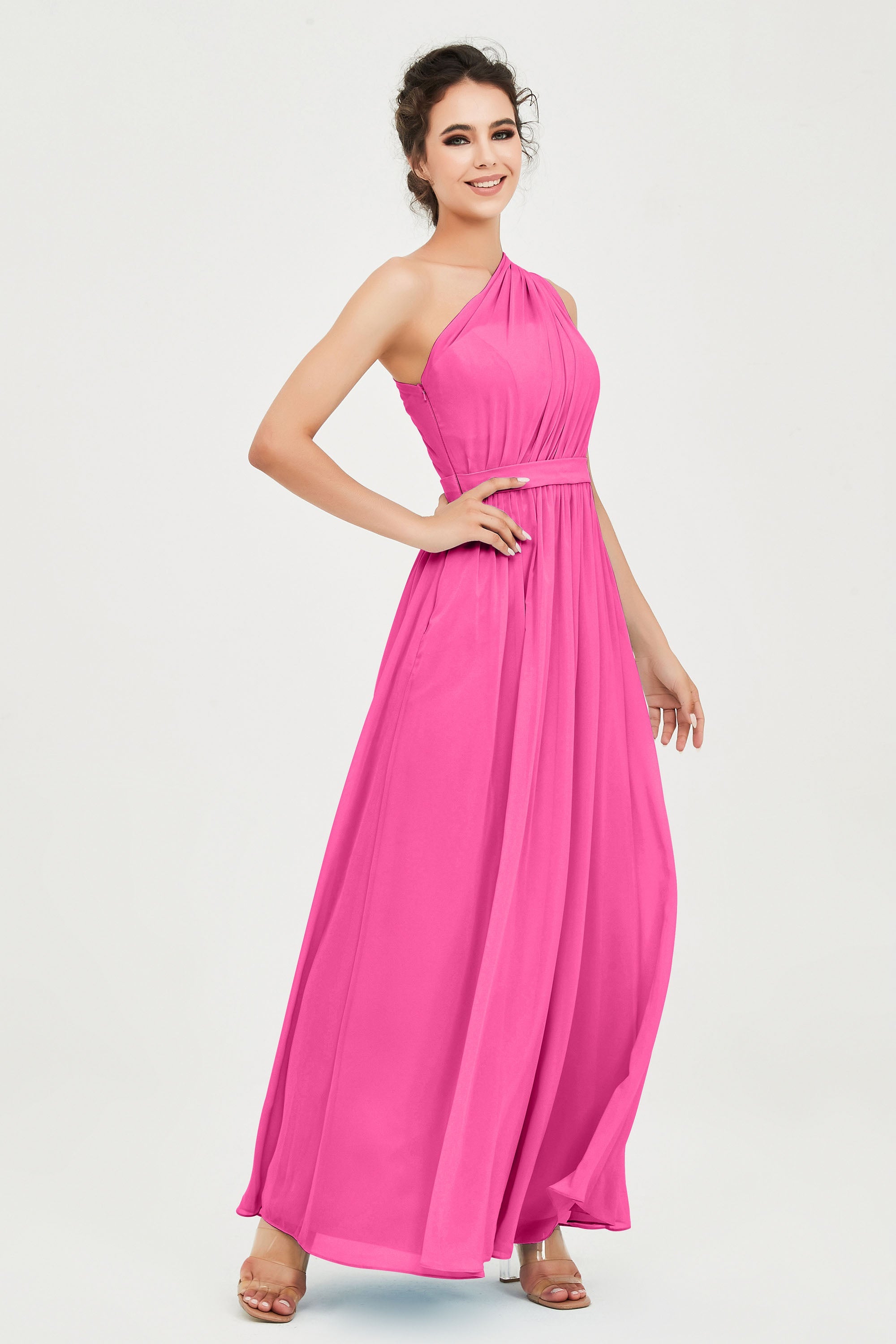 One Shoulder Chiffon Bridesmaid Dress Floor Length Ruched A Line Formal Evening Prom Gowns