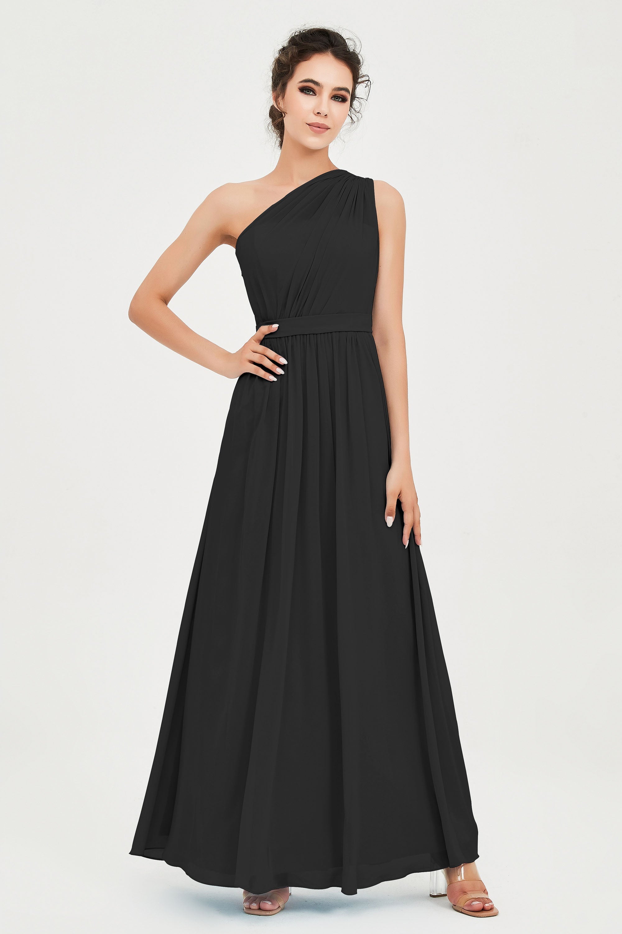 One Shoulder Chiffon Bridesmaid Dress Floor Length Ruched A Line Formal Evening Prom Gowns