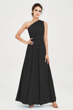 One Shoulder Chiffon Bridesmaid Dress Floor Length Ruched A Line Formal Evening Prom Gowns