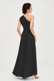 One Shoulder Chiffon Bridesmaid Dress Floor Length Ruched A Line Formal Evening Prom Gowns