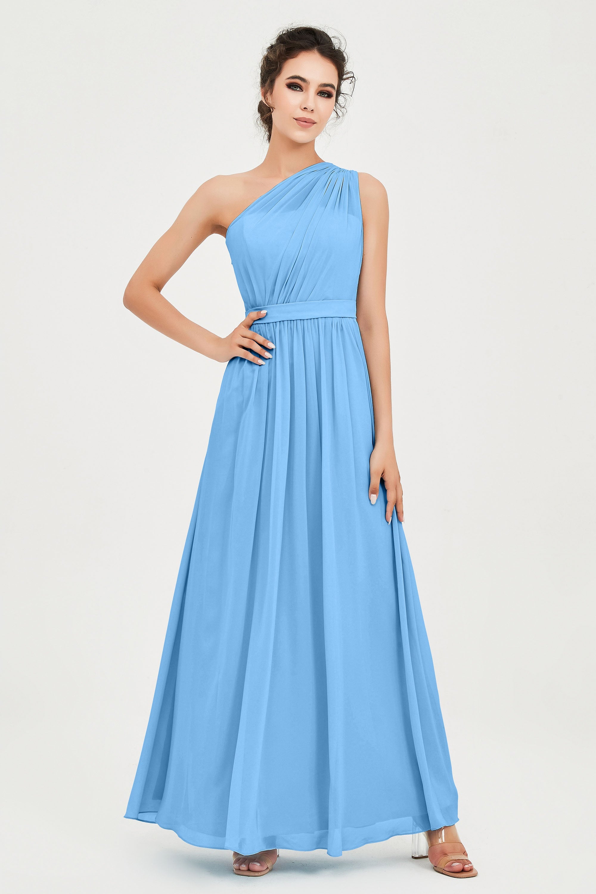 One Shoulder Chiffon Bridesmaid Dress Floor Length Ruched A Line Formal Evening Prom Gowns