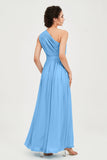 One Shoulder Chiffon Bridesmaid Dress Floor Length Ruched A Line Formal Evening Prom Gowns