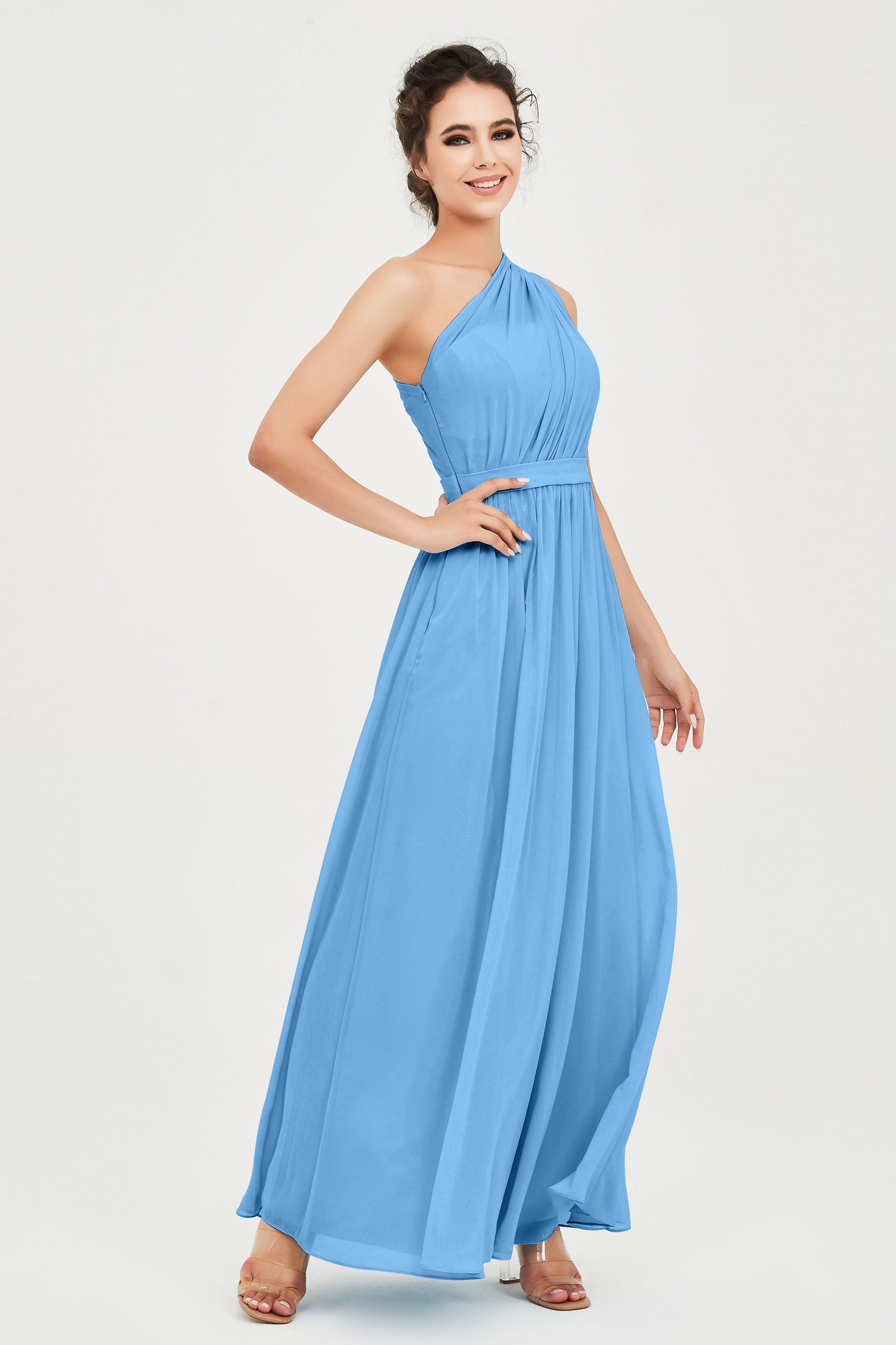 One Shoulder Chiffon Bridesmaid Dress Floor Length Ruched A Line Formal Evening Prom Gowns