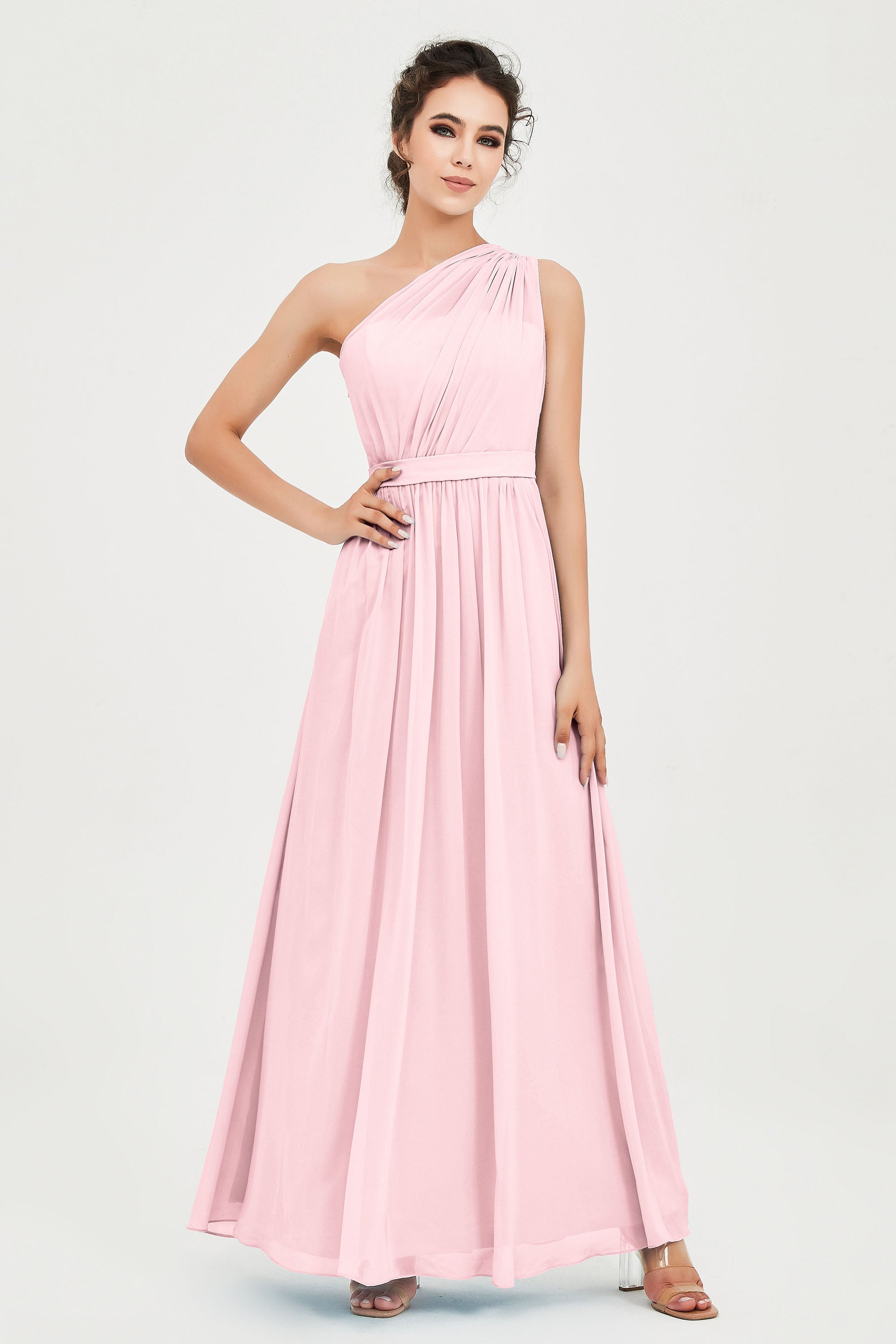 One Shoulder Chiffon Bridesmaid Dress Floor Length Ruched A Line Formal Evening Prom Gowns