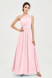 One Shoulder Chiffon Bridesmaid Dress Floor Length Ruched A Line Formal Evening Prom Gowns