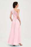 One Shoulder Chiffon Bridesmaid Dress Floor Length Ruched A Line Formal Evening Prom Gowns