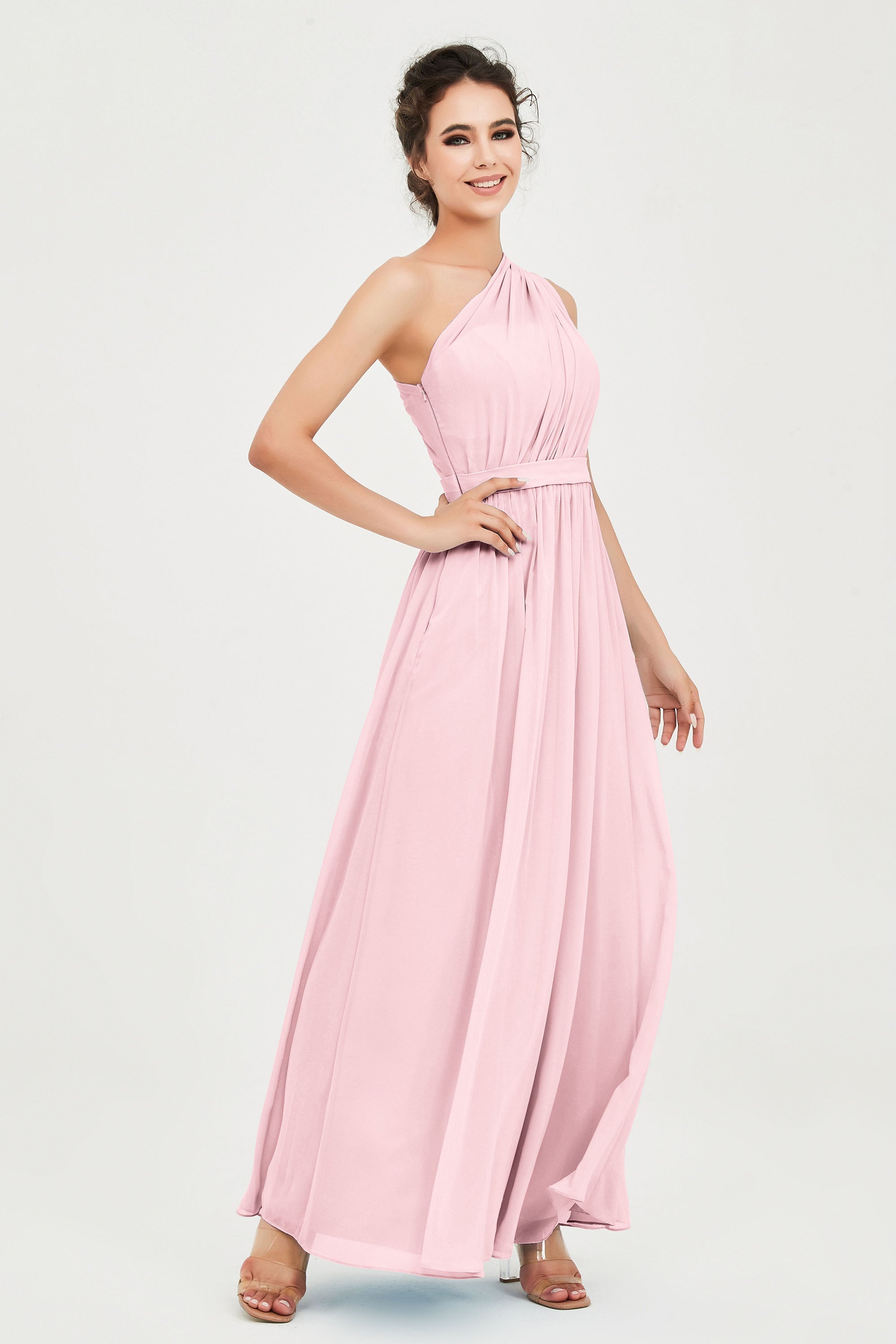 One Shoulder Chiffon Bridesmaid Dress Floor Length Ruched A Line Formal Evening Prom Gowns