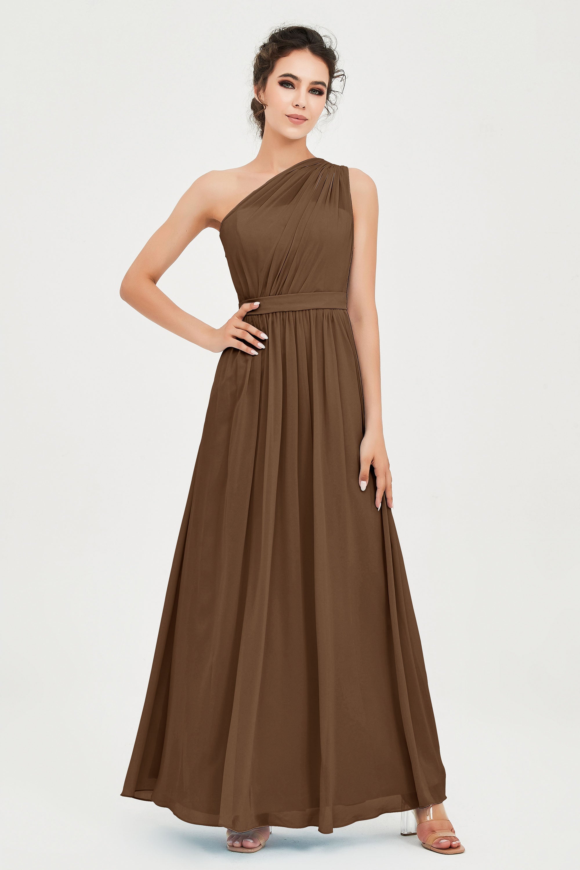 One Shoulder Chiffon Bridesmaid Dress Floor Length Ruched A Line Formal Evening Prom Gowns