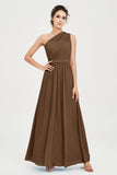 One Shoulder Chiffon Bridesmaid Dress Floor Length Ruched A Line Formal Evening Prom Gowns