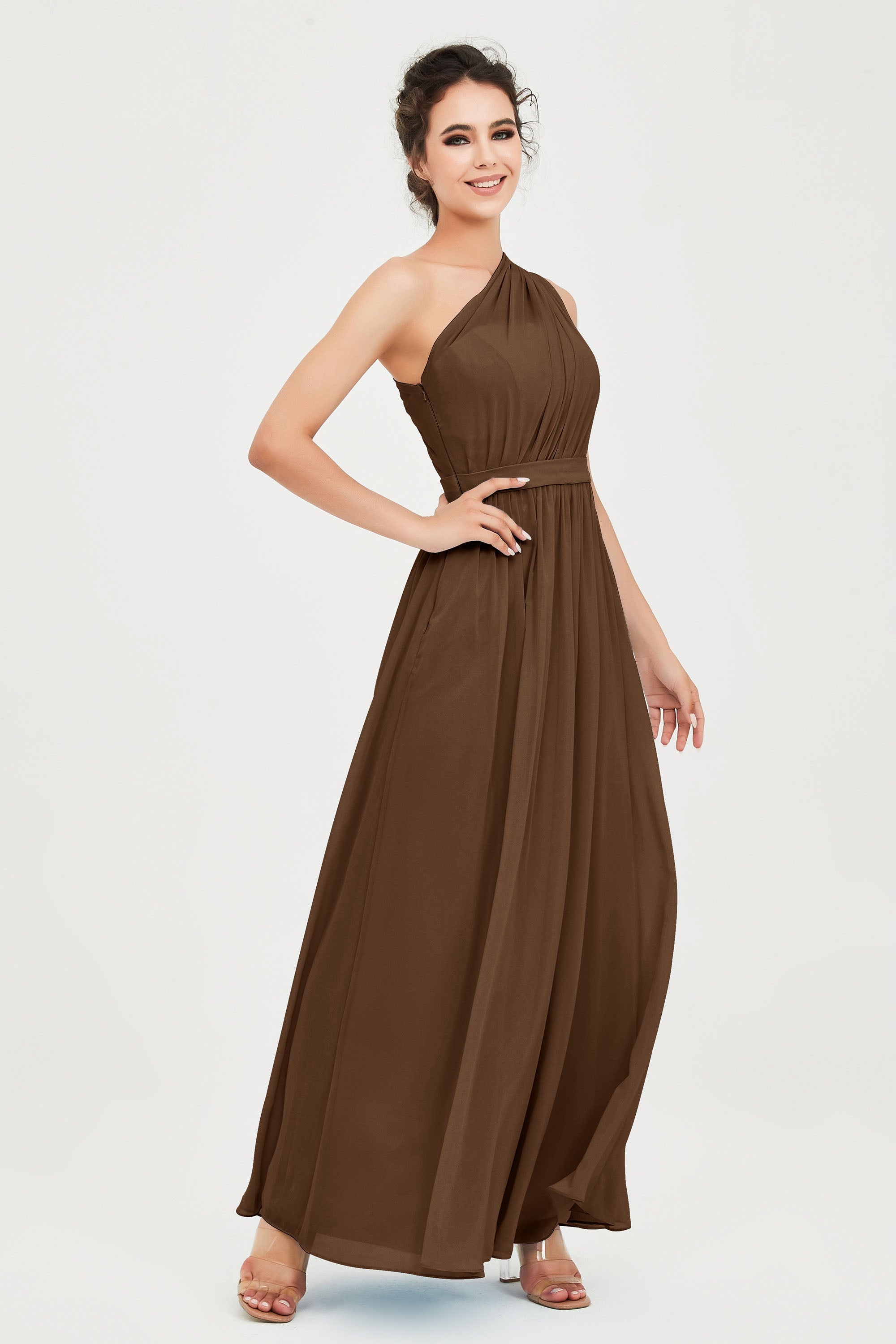 One Shoulder Chiffon Bridesmaid Dress Floor Length Ruched A Line Formal Evening Prom Gowns