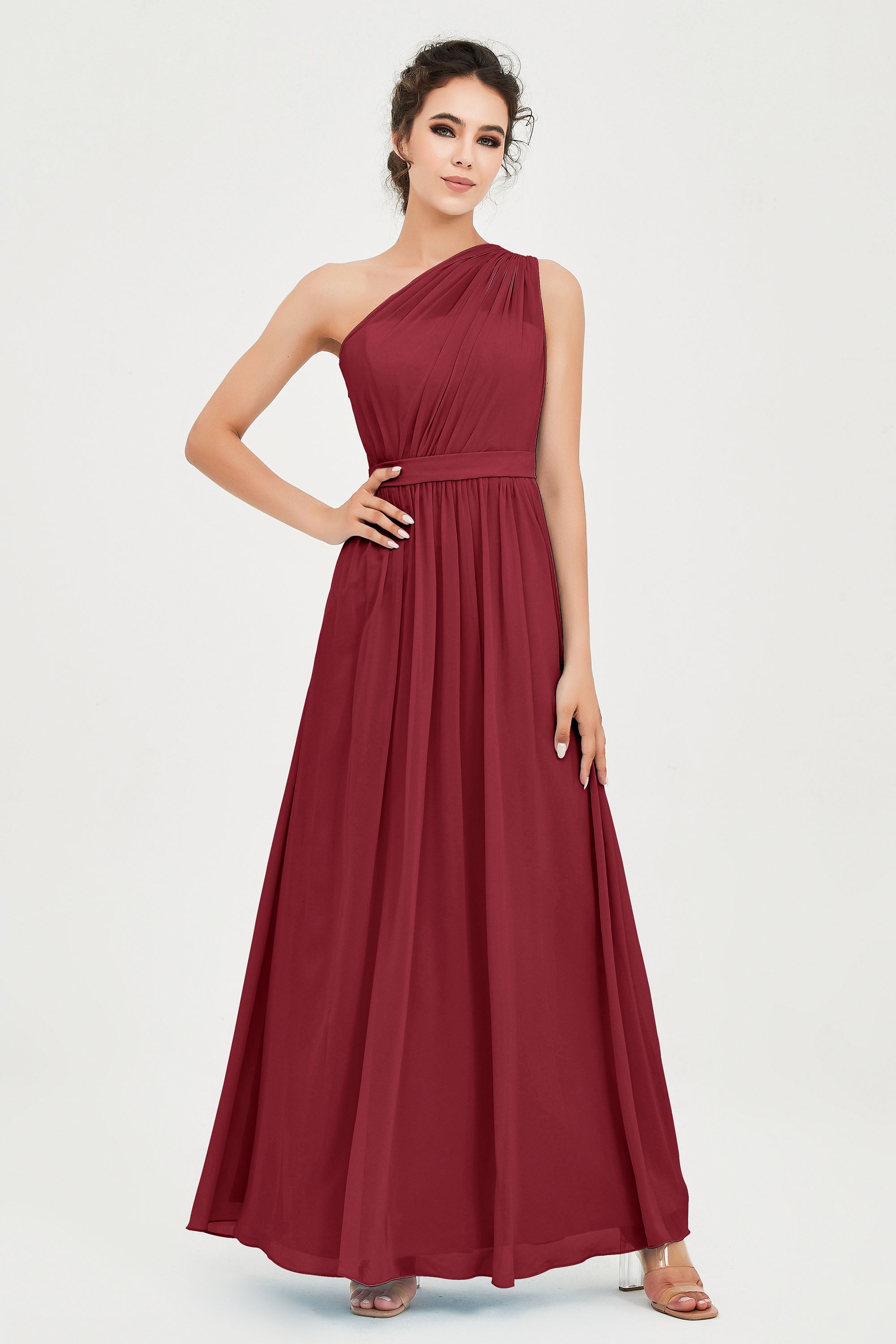 One Shoulder Chiffon Bridesmaid Dress Floor Length Ruched A Line Formal Evening Prom Gowns