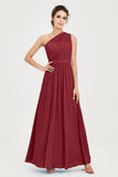 One Shoulder Chiffon Bridesmaid Dress Floor Length Ruched A Line Formal Evening Prom Gowns