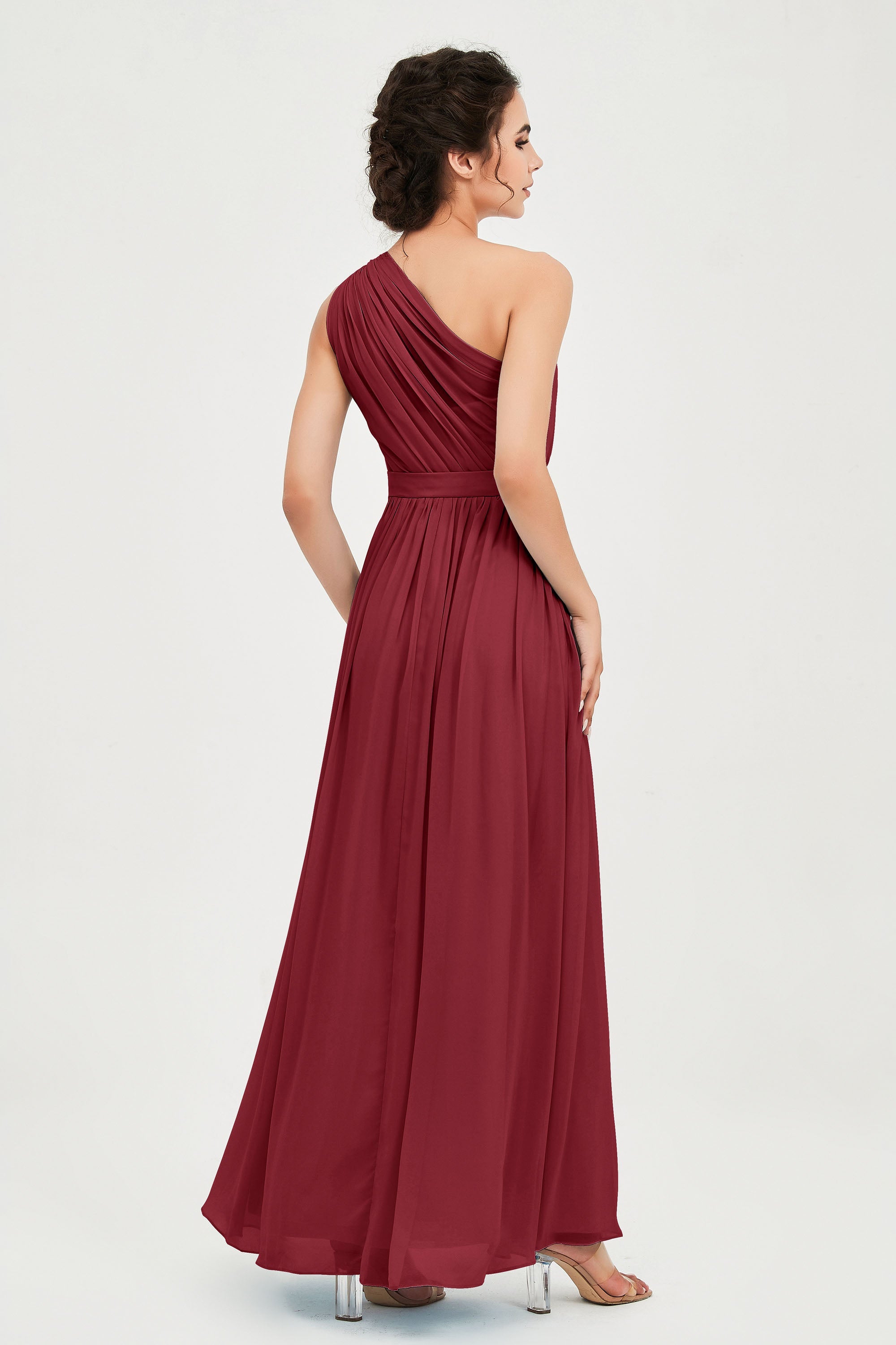 One Shoulder Chiffon Bridesmaid Dress Floor Length Ruched A Line Formal Evening Prom Gowns