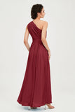 One Shoulder Chiffon Bridesmaid Dress Floor Length Ruched A Line Formal Evening Prom Gowns