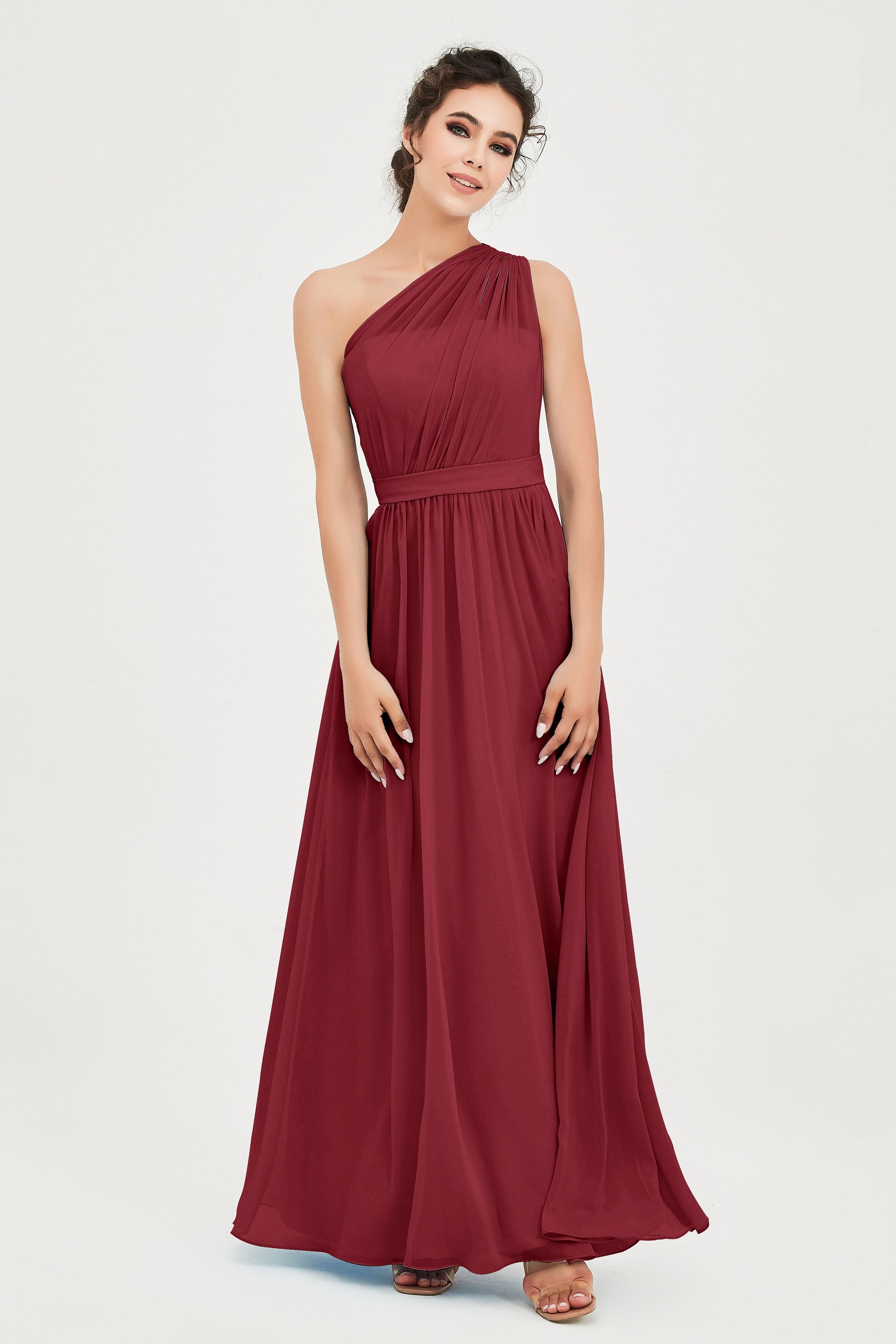 One Shoulder Chiffon Bridesmaid Dress Floor Length Ruched A Line Formal Evening Prom Gowns