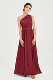 One Shoulder Chiffon Bridesmaid Dress Floor Length Ruched A Line Formal Evening Prom Gowns