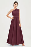 One Shoulder Chiffon Bridesmaid Dress Floor Length Ruched A Line Formal Evening Prom Gowns