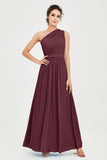 One Shoulder Chiffon Bridesmaid Dress Floor Length Ruched A Line Formal Evening Prom Gowns