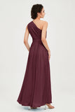 One Shoulder Chiffon Bridesmaid Dress Floor Length Ruched A Line Formal Evening Prom Gowns