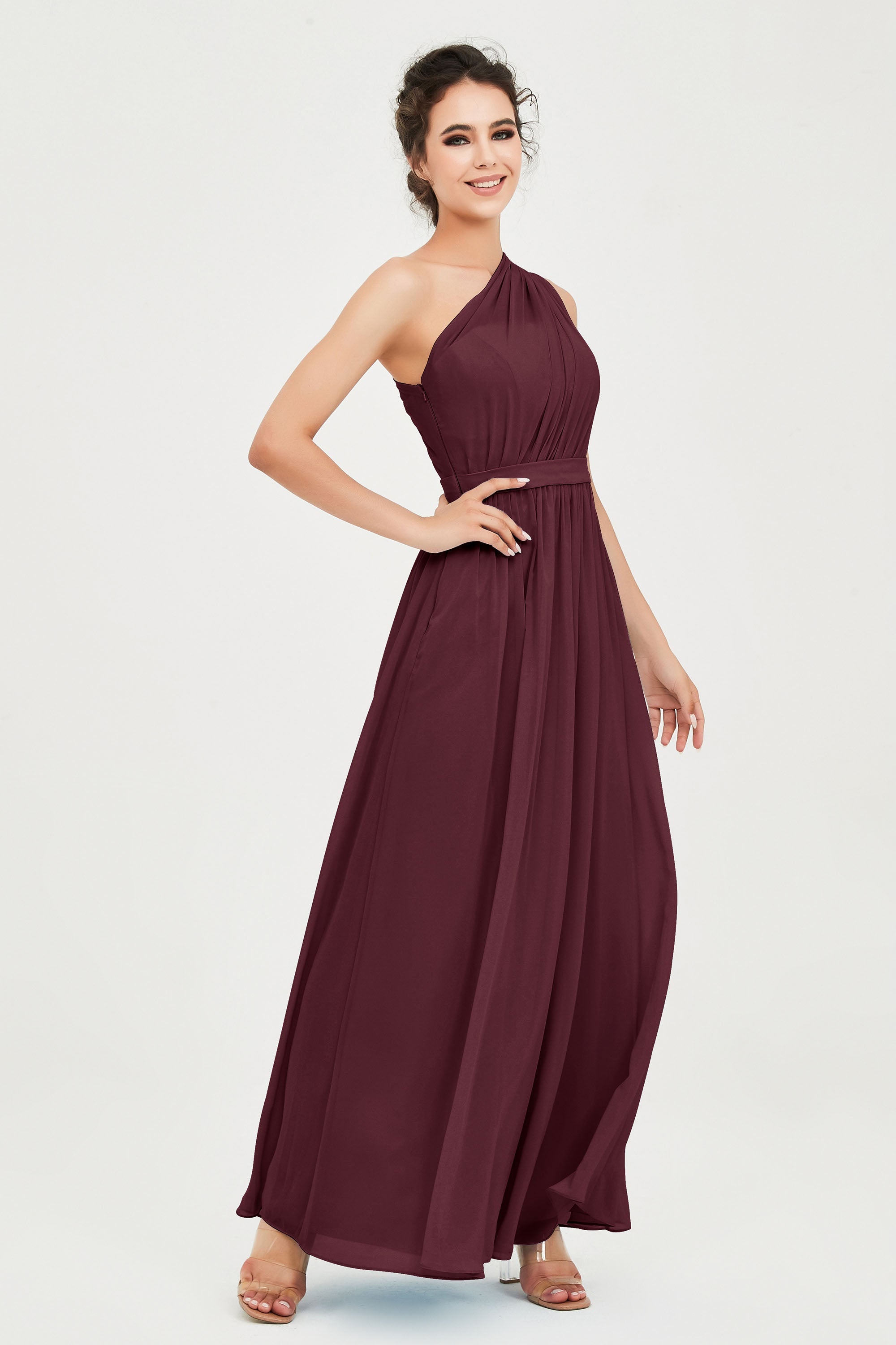 One Shoulder Chiffon Bridesmaid Dress Floor Length Ruched A Line Formal Evening Prom Gowns
