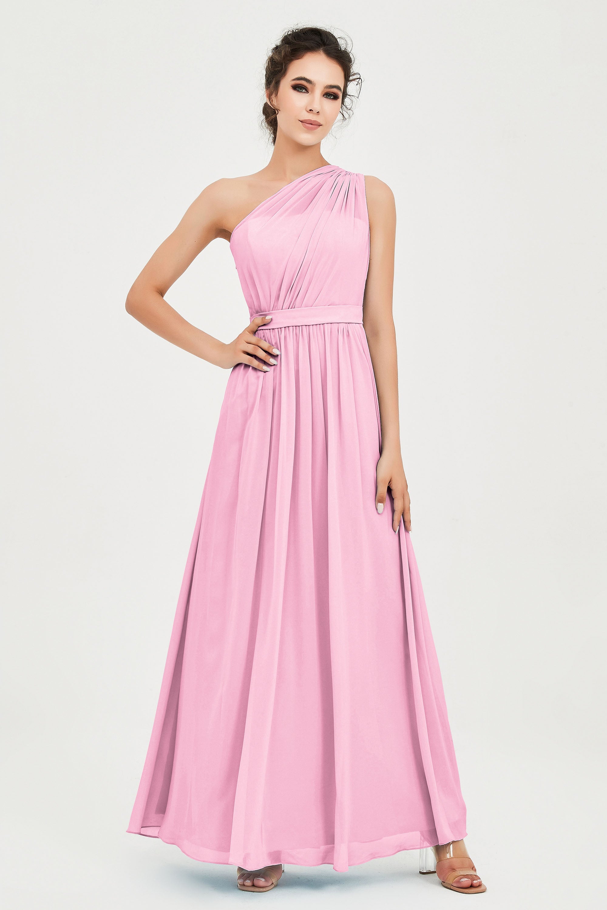 One Shoulder Chiffon Bridesmaid Dress Floor Length Ruched A Line Formal Evening Prom Gowns